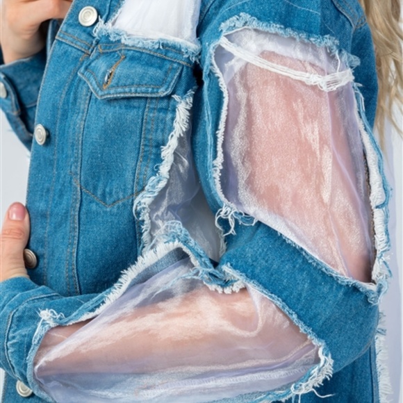 Distressed Denim Jacket with Cutout - Picture 3 of 4